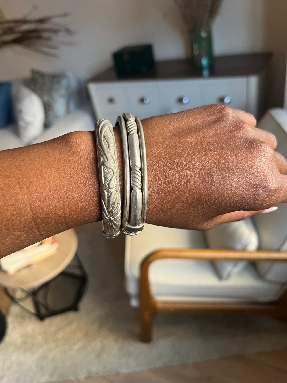 Handcrafted Silver Tone Bangle Bracelets - Set of 2